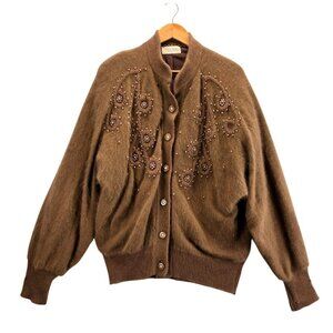 Coco Brown Fuzzy Wool Sweater Cardigan Vtg 80s M Belldini Pearl Beads Angora